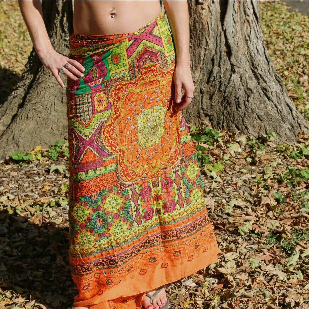 Orange Metallic Embroidered Cotton Sarong-Cover Ups-Dalfiya-Shop with Bloom West Boutique, Women's Fashion Boutique, Located in Houma, Louisiana