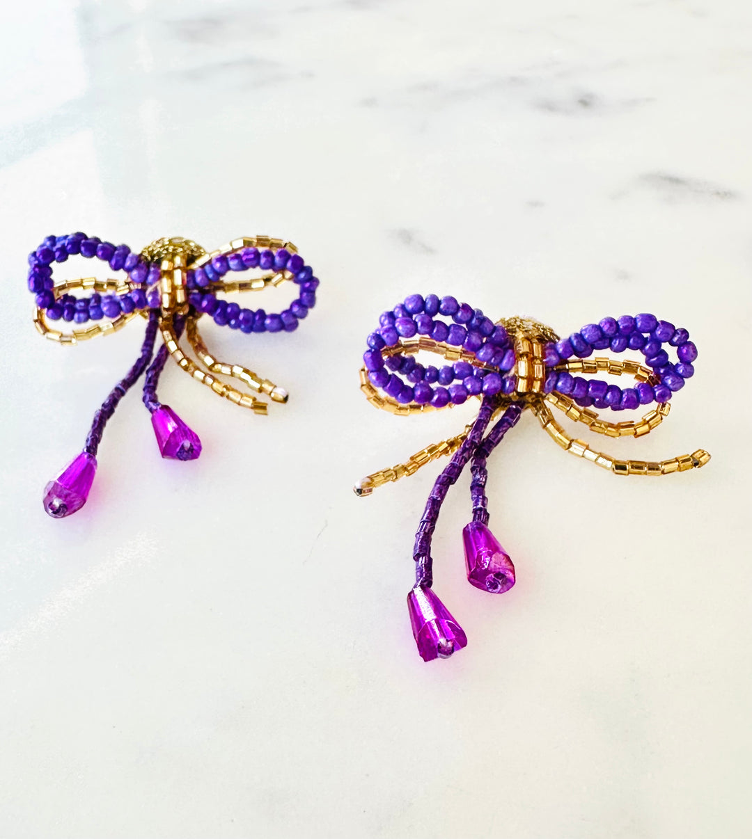 Game Day Purple and Gold Bow Earrings-Accessories-Golden Lily-Shop with Bloom West Boutique, Women's Fashion Boutique, Located in Houma, Louisiana