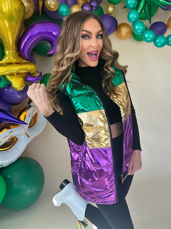 Mardi Gras Color Block Puffer Vest Preorder-Jackets-Wona Trading-Shop with Bloom West Boutique, Women's Fashion Boutique, Located in Houma, Louisiana