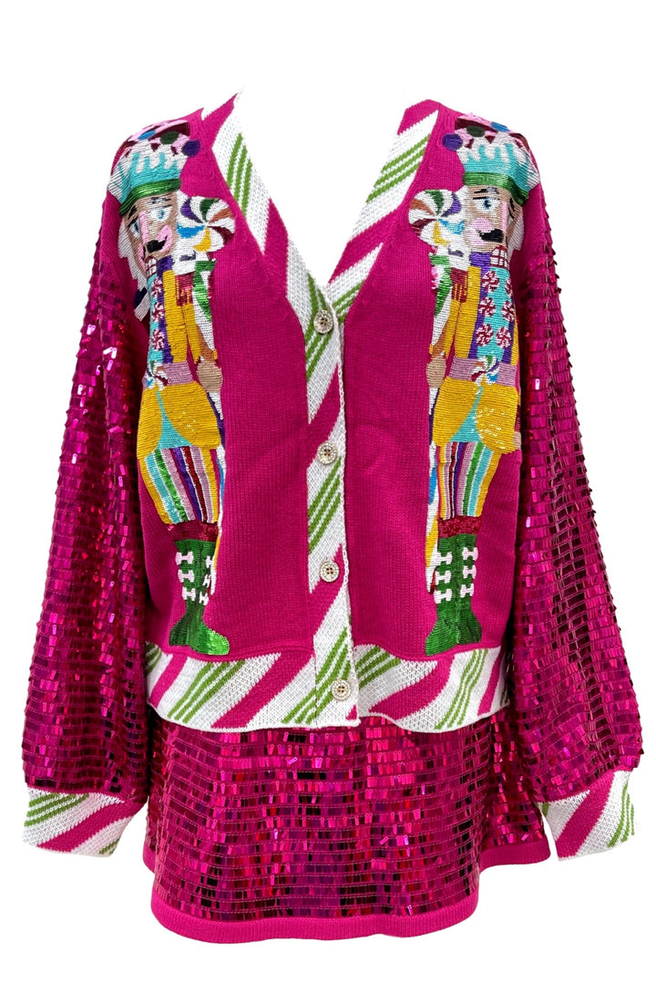 Queen Of Sparkles Hot Pink Peppermint Nutcracker Shard Sequin Sleeve Cardigan-Cardigans-Queen Of Sparkles-Shop with Bloom West Boutique, Women's Fashion Boutique, Located in Houma, Louisiana