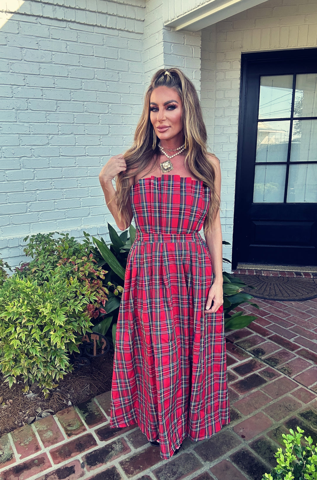 Timothy Red Holiday Plaid Maxi Dress-Maxi Dresses-Entro-Shop with Bloom West Boutique, Women's Fashion Boutique, Located in Houma, Louisiana