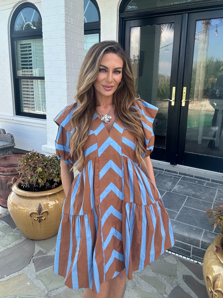 Rockelle Blue and Brown V-neck Mini Dress-Mini Dresses-Entro-Shop with Bloom West Boutique, Women's Fashion Boutique, Located in Houma, Louisiana