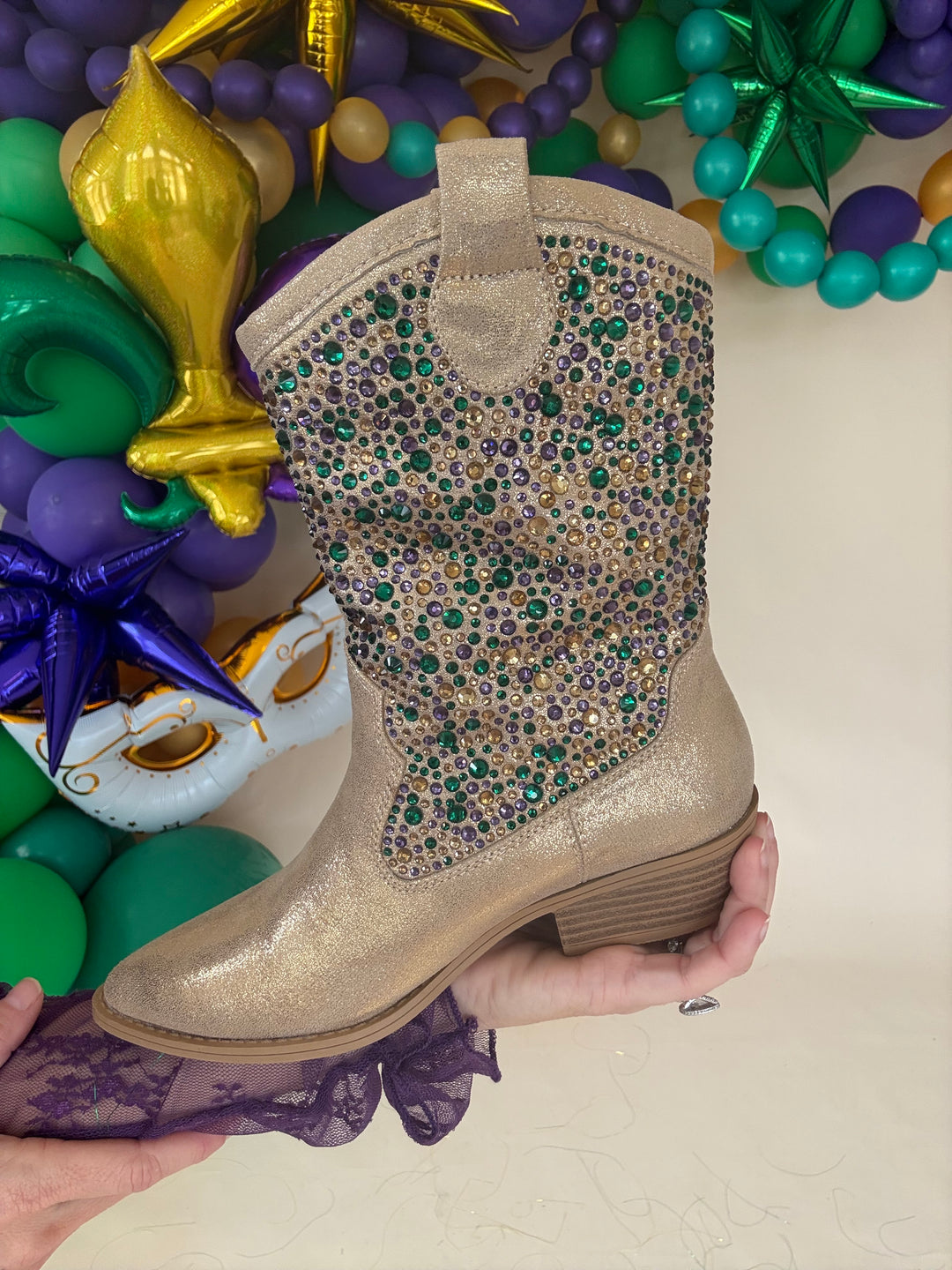 Mardi Gras Rhinestone Cowboy Boots-Boots-songlily-Shop with Bloom West Boutique, Women's Fashion Boutique, Located in Houma, Louisiana