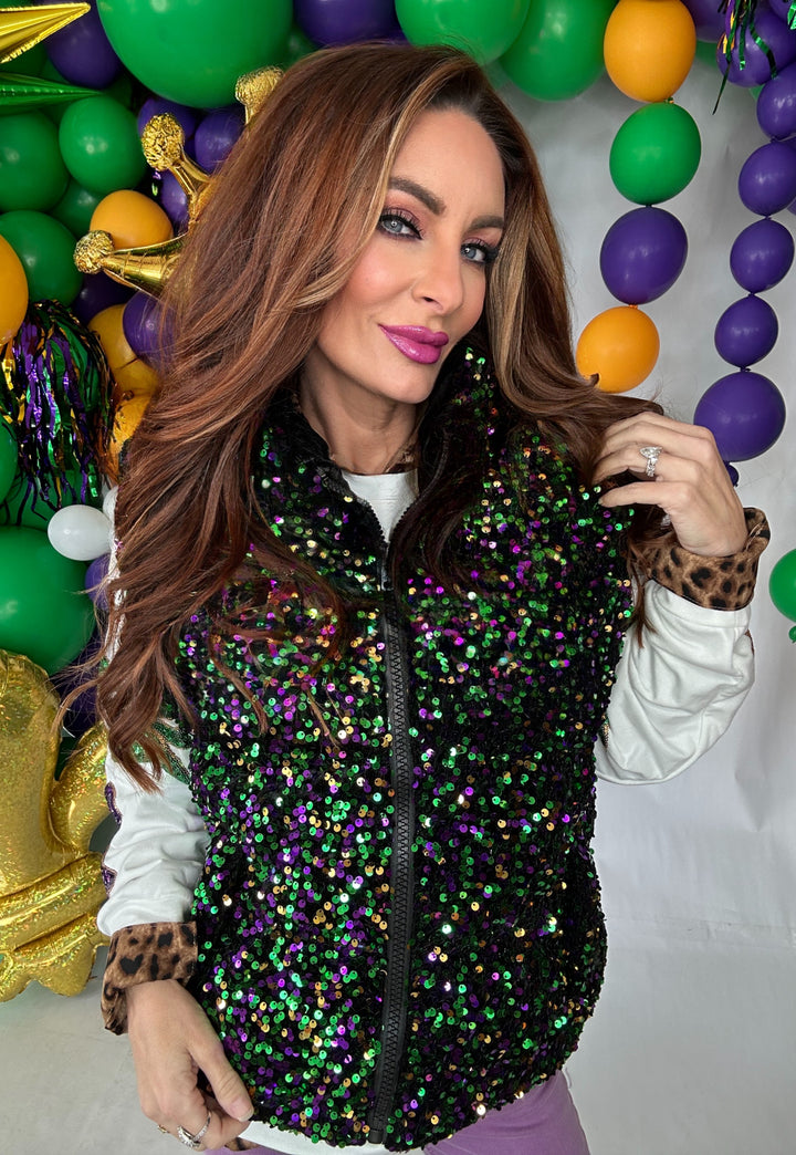 Mardi Gras Sequin Puffer Vest-Vests-SongLily-Shop with Bloom West Boutique, Women's Fashion Boutique, Located in Houma, Louisiana