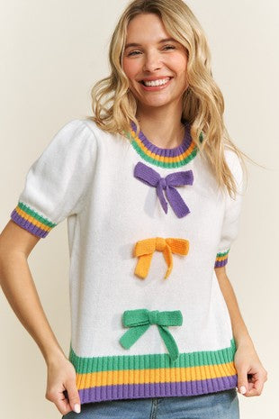 Mardi Gras Ivory Puff Sleeve Ribbon Bow Sweater-Sweaters-Bibi-Shop with Bloom West Boutique, Women's Fashion Boutique, Located in Houma, Louisiana