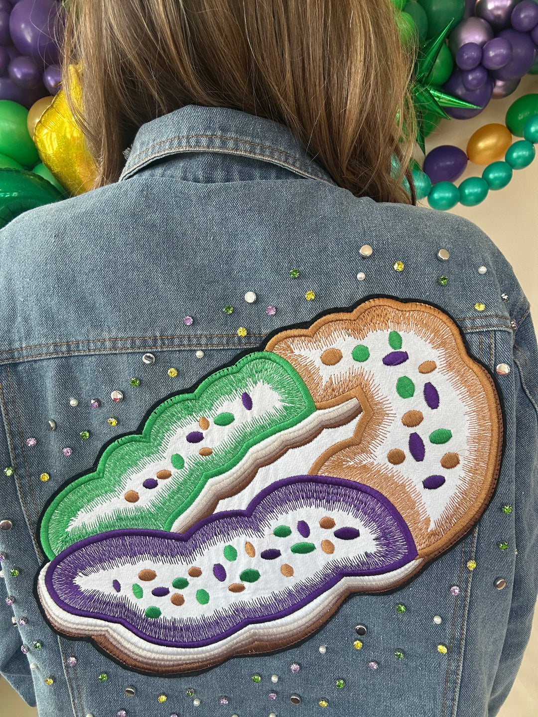 Mardi Gras King Cake Rhinestone Denim Jacket-Jackets-songlily-Shop with Bloom West Boutique, Women's Fashion Boutique, Located in Houma, Louisiana