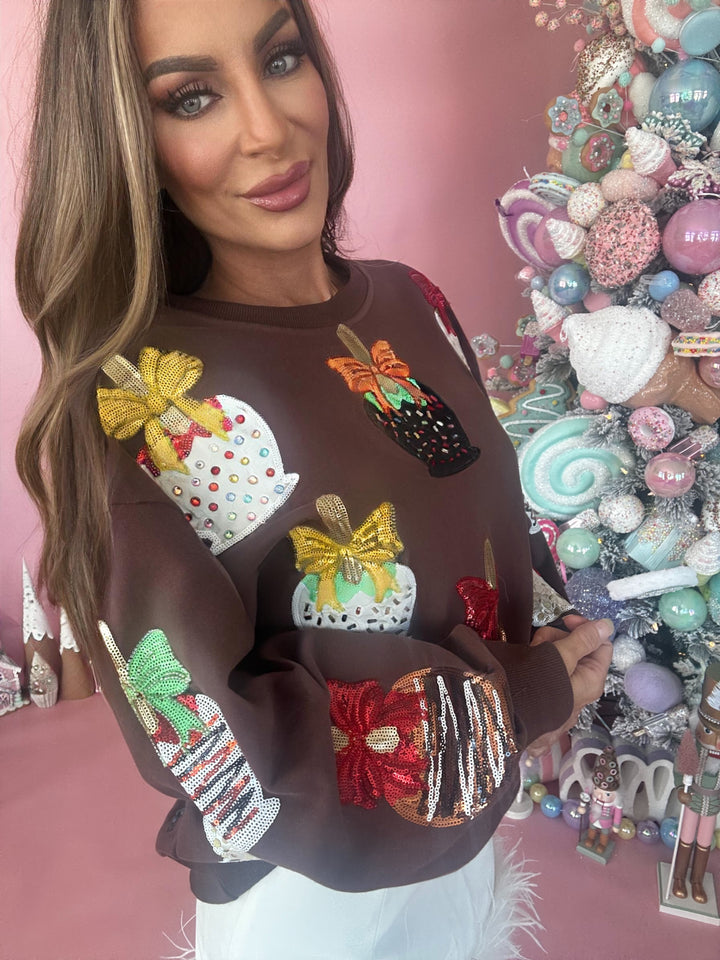 Queen Of Sparkles Brown Candy Apple Sweatshirt-QOS Tops-Queen Of Sparkles-Shop with Bloom West Boutique, Women's Fashion Boutique, Located in Houma, Louisiana