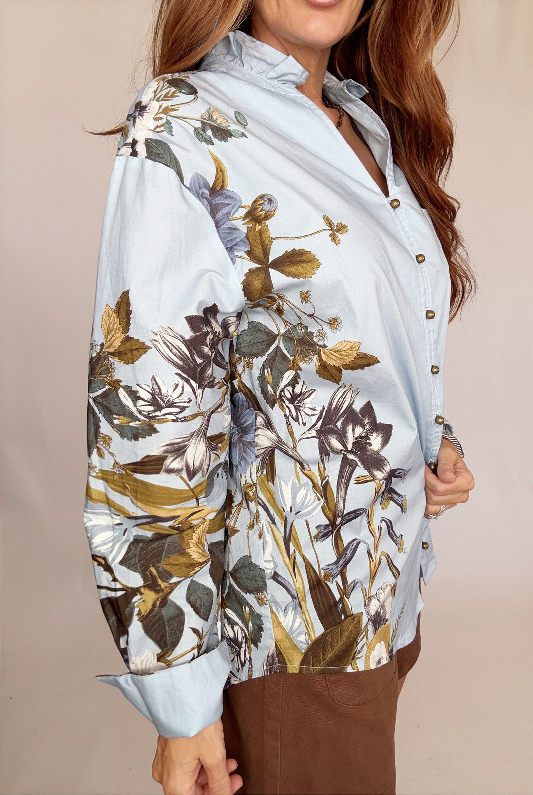 Roma Chambray Floral Button-Down Top-Tops-Entro-Shop with Bloom West Boutique, Women's Fashion Boutique, Located in Houma, Louisiana