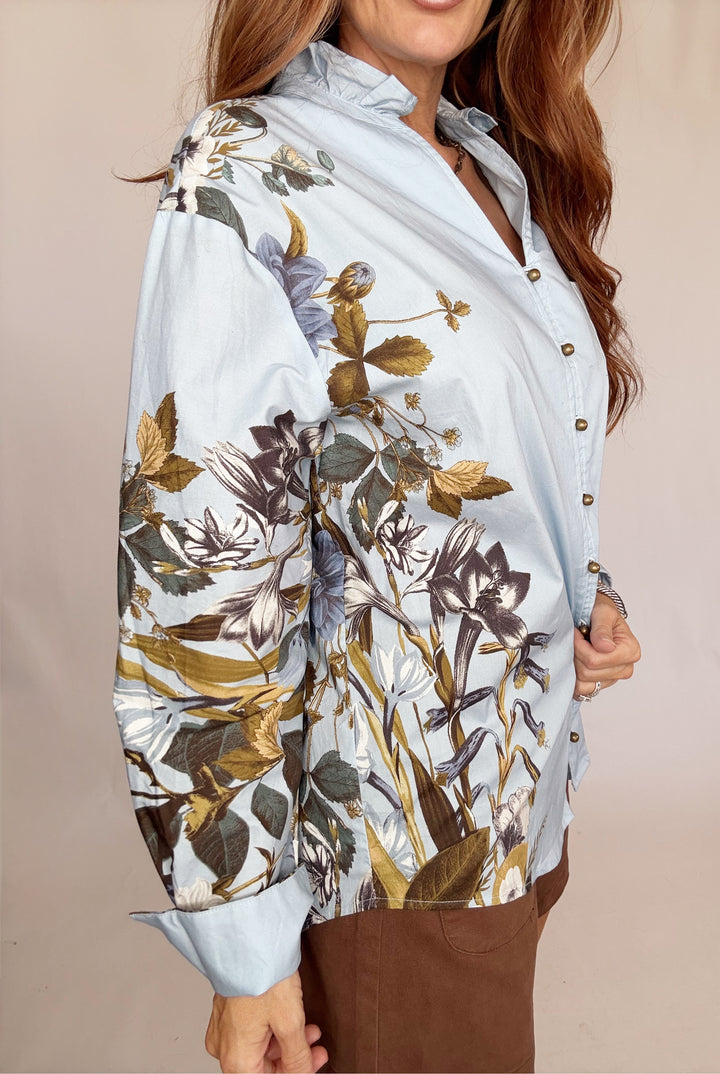 Roma Chambray Floral Button-Down Top-Tops-Entro-Shop with Bloom West Boutique, Women's Fashion Boutique, Located in Houma, Louisiana
