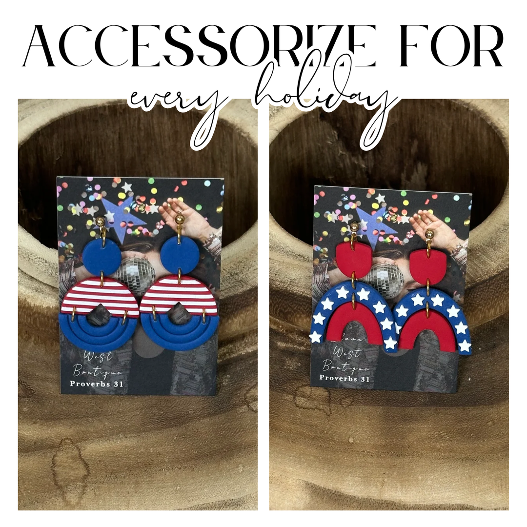 Pair of earrings with red, white, and blue design on a card with 'Proverbs 31' text | Bloom West Boutique Accessories | Houma, LA 