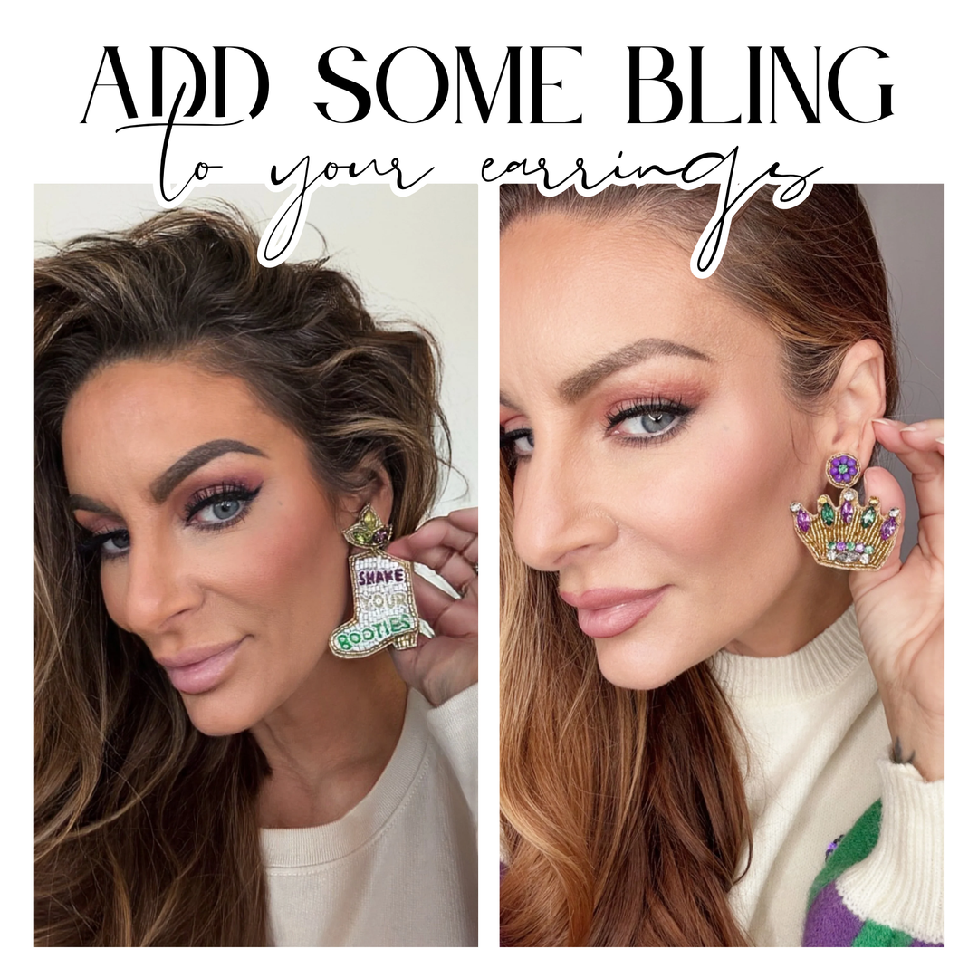 Two women wearing earrings with text 'Add some bling to your earrings' | Bloom West Boutique | Houma, LA