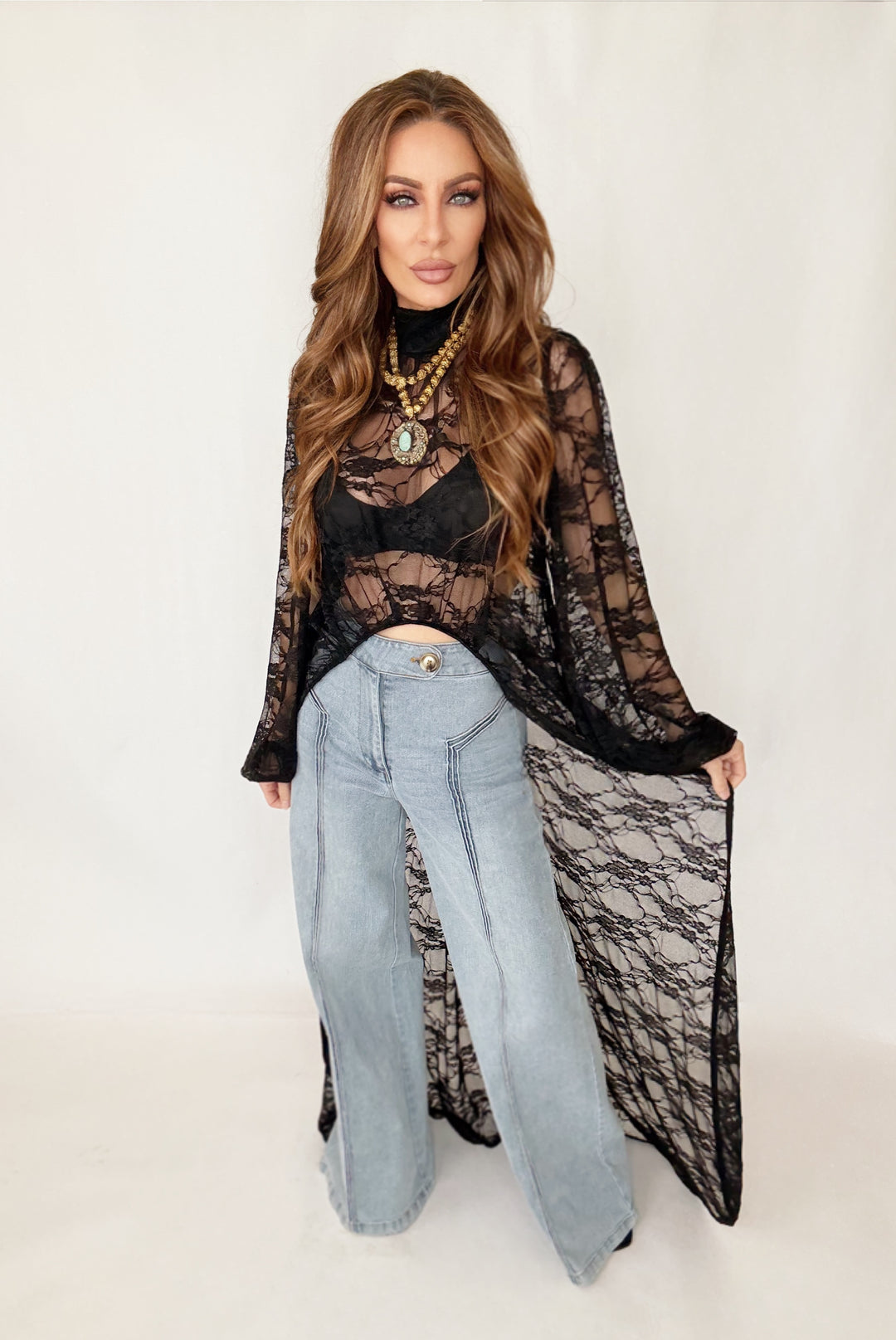 Enchanted Noir High-Low Lace Top-Tops-Nylon Apparel-Shop with Bloom West Boutique, Women's Fashion Boutique, Located in Houma, Louisiana