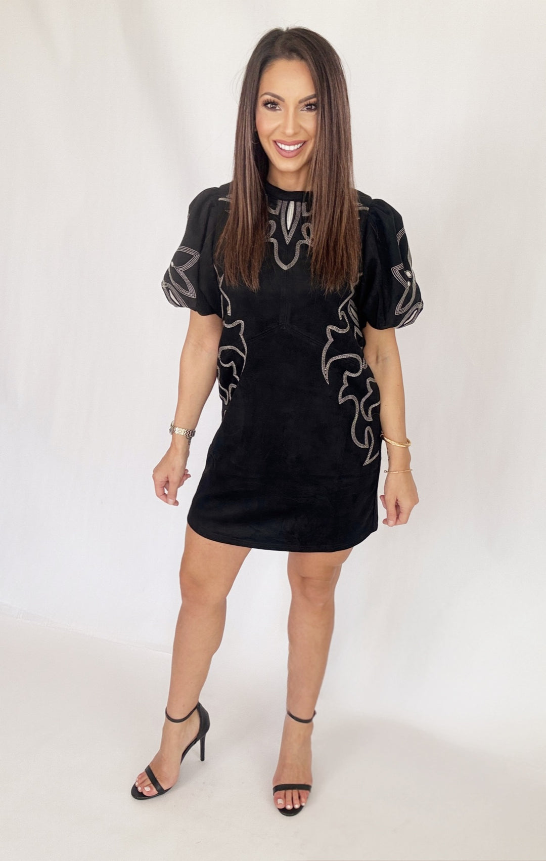 THML Puff Sleeve Embroidery Detail Suede Dress-Dresses-THML-Shop with Bloom West Boutique, Women's Fashion Boutique, Located in Houma, Louisiana