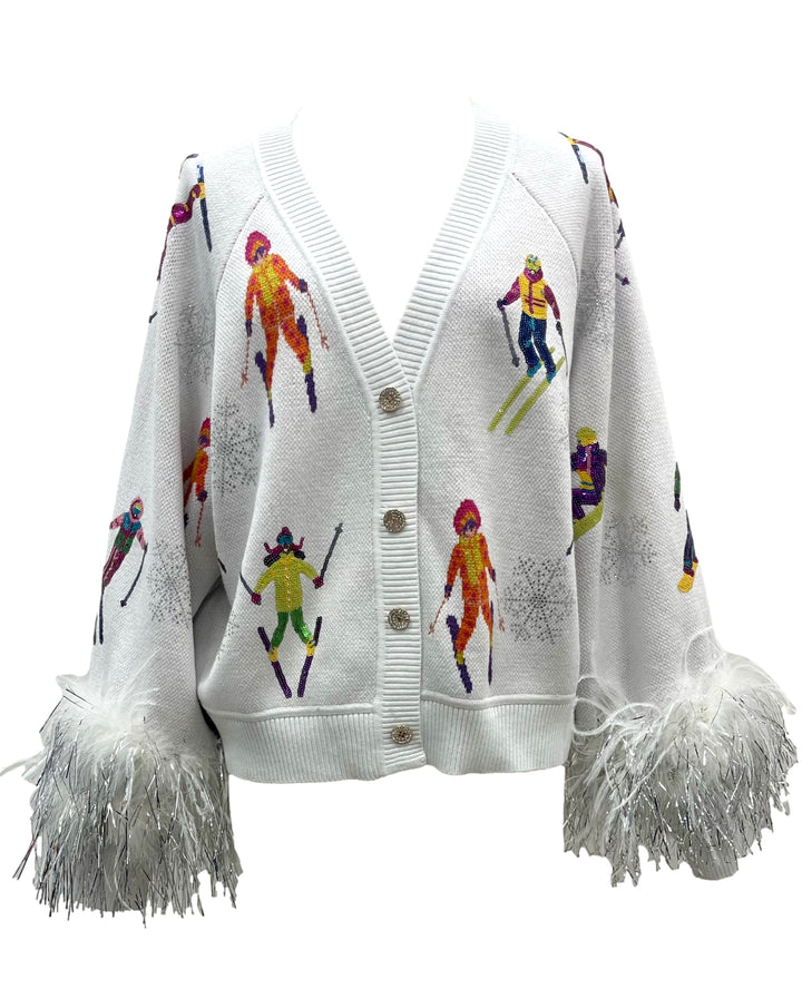 Queen Of Sparkles White Skiers & Snowflakes Feather Sleeve Cardigan-QOS Tops-Queen Of Sparkles-Shop with Bloom West Boutique, Women's Fashion Boutique, Located in Houma, Louisiana