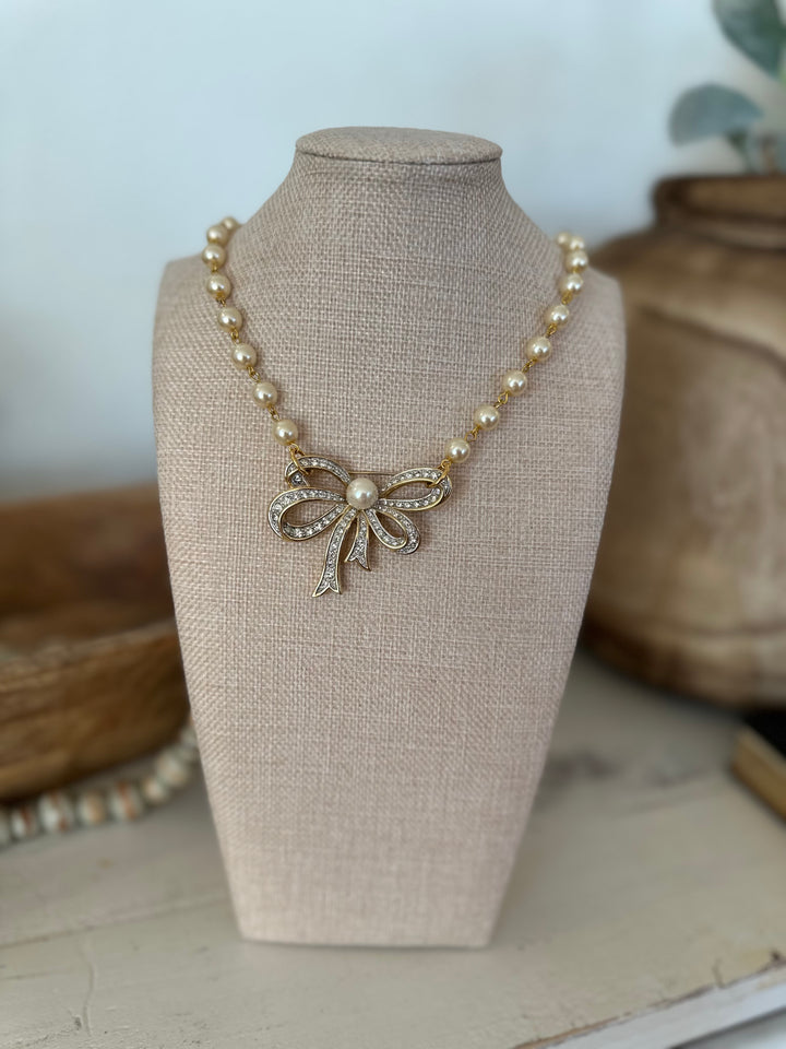 Erin Knight Design Vintage Gold Plated Rhinestone Bow Pearl Necklace-Necklaces-Erin Knight Designs-Shop with Bloom West Boutique, Women's Fashion Boutique, Located in Houma, Louisiana