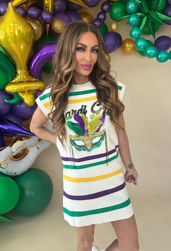 Queen Of Sparkles White Striped Mardi Gras Mask Skirt-QOS Bottoms-Queen Of Sparkles-Shop with Bloom West Boutique, Women's Fashion Boutique, Located in Houma, Louisiana