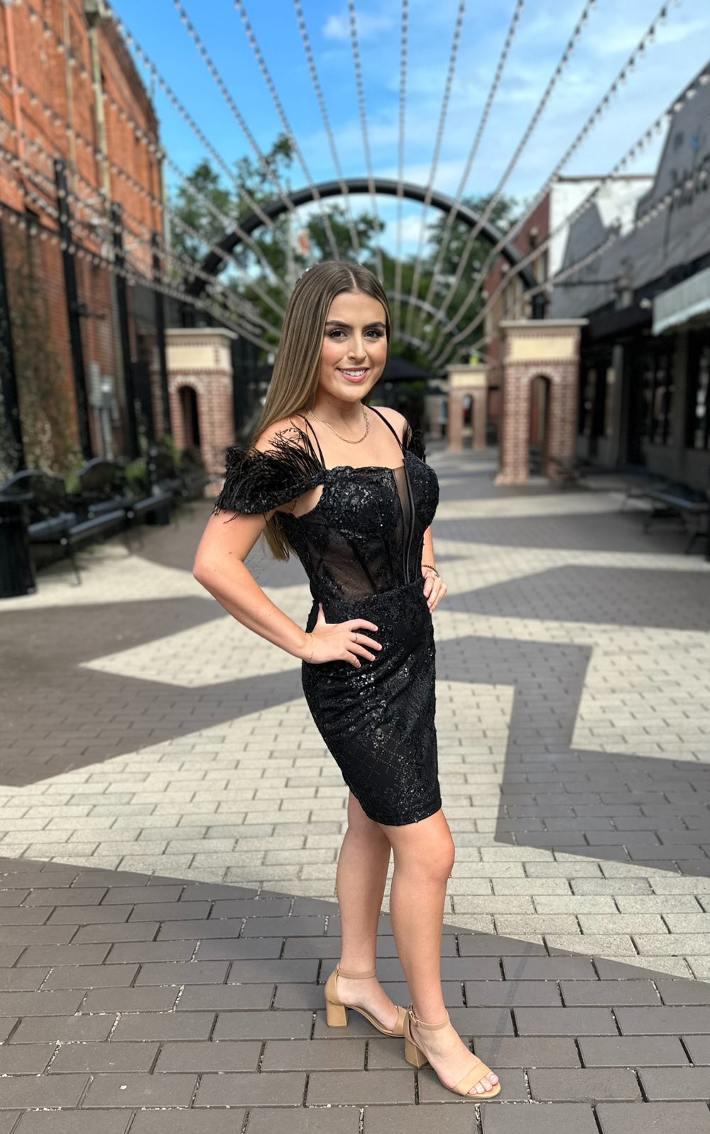 Annabeth Glitter V-Neck Feathered Sleeve Dress-Semi Formal Dresses-juliet-Shop with Bloom West Boutique, Women's Fashion Boutique, Located in Houma, Louisiana