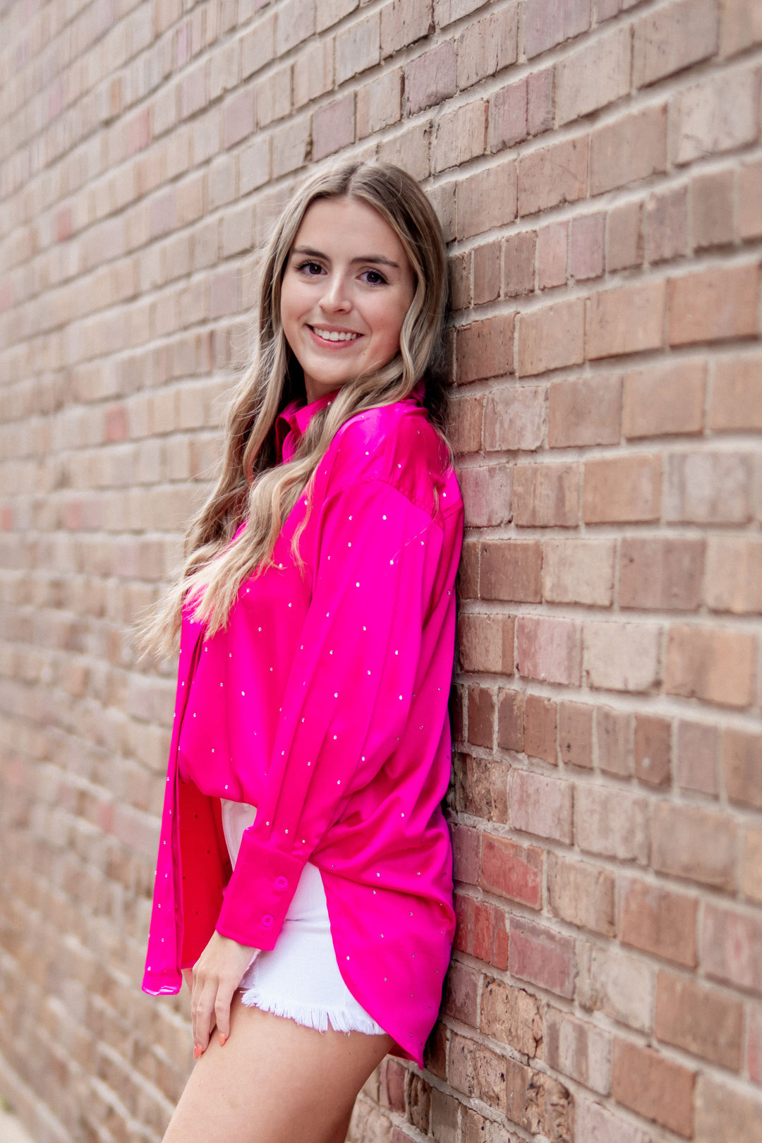 Remi Satin Woven Rhinestone Studded Gem Sparkle Button Up Top Hot Pink-Long Sleeves-Bloom West Boutique-Shop with Bloom West Boutique, Women's Fashion Boutique, Located in Houma, Louisiana