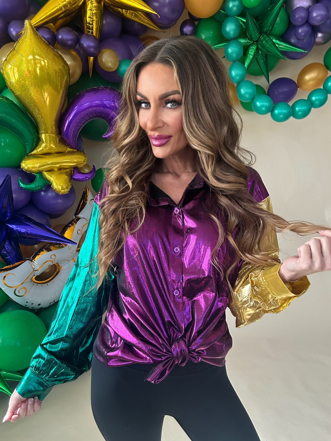 Mardi Gras Metallic Silky Button Down Top-Long Sleeves-Bibi-Shop with Bloom West Boutique, Women's Fashion Boutique, Located in Houma, Louisiana