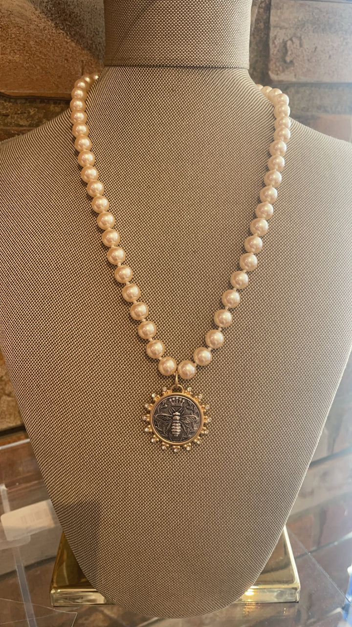 Silver Queen Bee Coin Pearl Necklace-Necklaces-Erin Knight Designs-Shop with Bloom West Boutique, Women's Fashion Boutique, Located in Houma, Louisiana