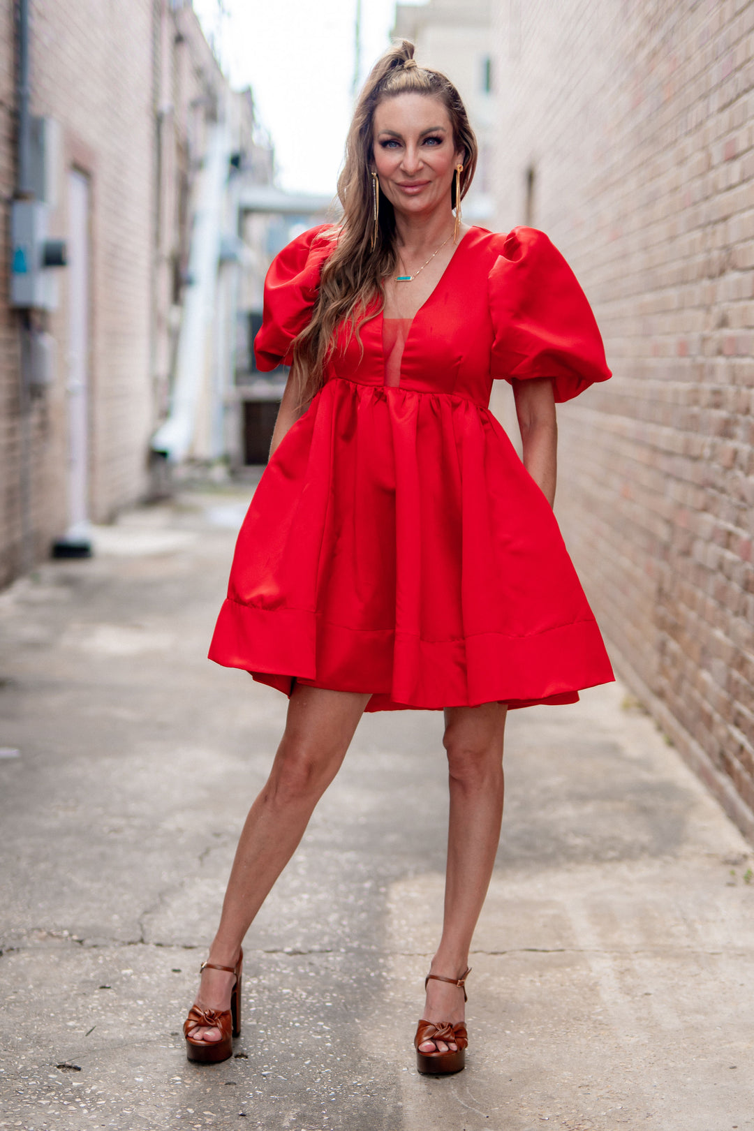 Arden Solid Woven Balloon Puff SLV Empire V Neck Mini Dress Red-Mini Dresses-Bloom West Boutique-Shop with Bloom West Boutique, Women's Fashion Boutique, Located in Houma, Louisiana