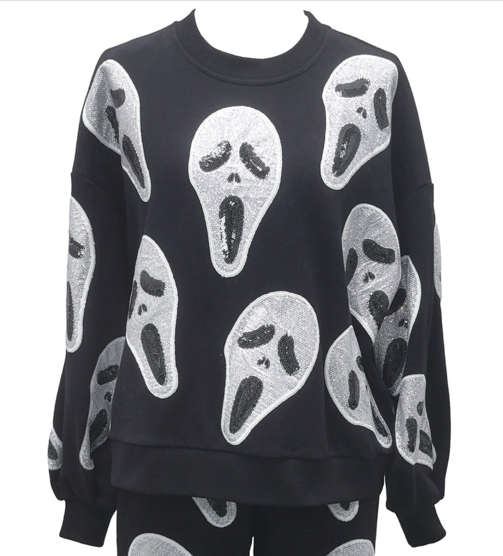 Queen of Sparkles Black Scream Mask Sweatshirt-Graphic Sweaters-Queen Of Sparkles-Shop with Bloom West Boutique, Women's Fashion Boutique, Located in Houma, Louisiana