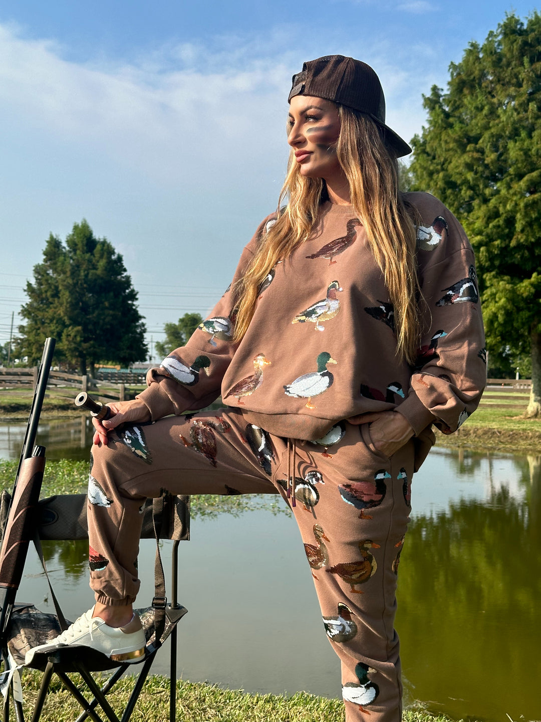 Queen Of Sparkles Brown Scattered Duck Sweatpants PRE ORDER-Pants-Queen Of Sparkles-Shop with Bloom West Boutique, Women's Fashion Boutique, Located in Houma, Louisiana