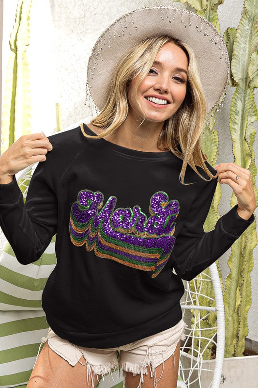 Layered Mardi Sequin Lettering Pullover-Graphic Sweaters-Bibi-Shop with Bloom West Boutique, Women's Fashion Boutique, Located in Houma, Louisiana