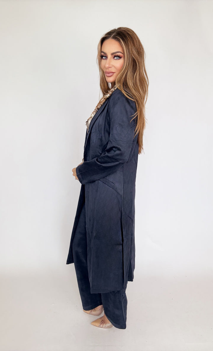 Sofía Suede Duster Navy-Jackets-skies are blue-Shop with Bloom West Boutique, Women's Fashion Boutique, Located in Houma, Louisiana