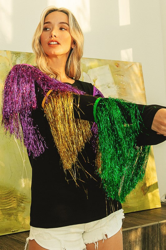 Tiered Tinsel Fringe Mardi Gras Top-Long Sleeves-Bibi-Shop with Bloom West Boutique, Women's Fashion Boutique, Located in Houma, Louisiana