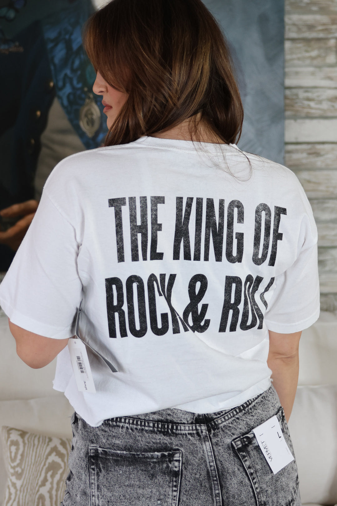 Elvis King Of Rock Unisex Distressed Crop Tee-Graphic Tees-Precision Apparel-Shop with Bloom West Boutique, Women's Fashion Boutique, Located in Houma, Louisiana