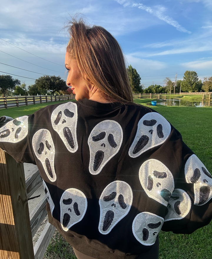 Queen of Sparkles Black Scream Mask Sweatshirt-Graphic Sweaters-Queen Of Sparkles-Shop with Bloom West Boutique, Women's Fashion Boutique, Located in Houma, Louisiana