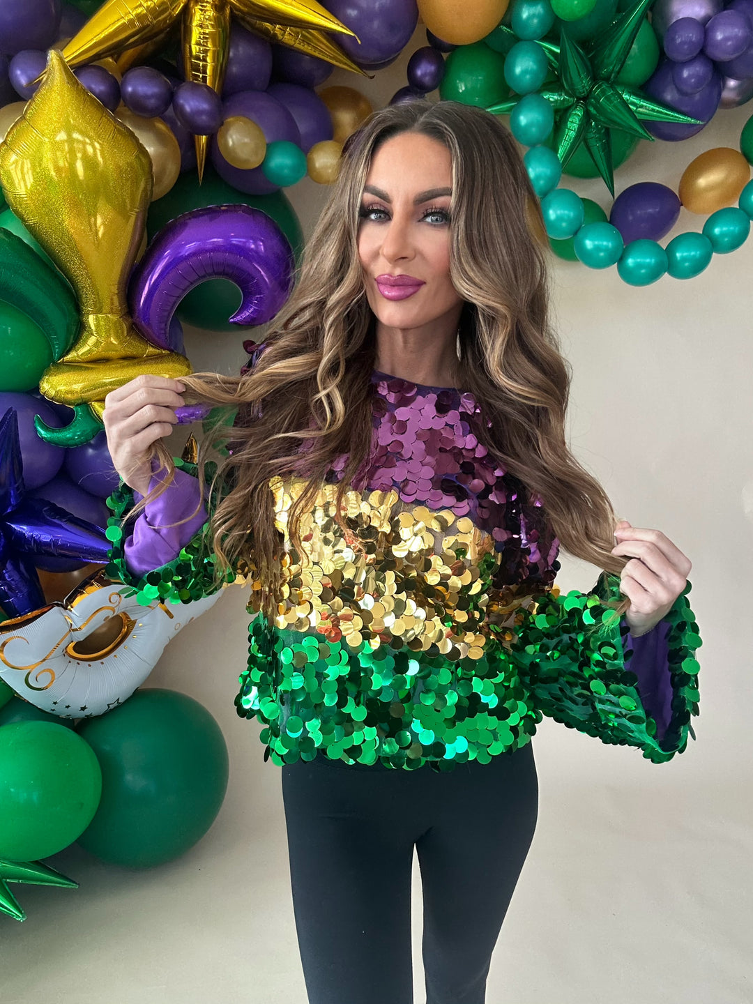 Mardi Gras Color Block Spangle Top-Long Sleeves-Bibi-Shop with Bloom West Boutique, Women's Fashion Boutique, Located in Houma, Louisiana