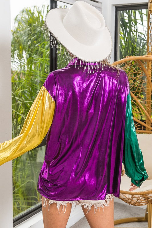 Mardi Gras Metallic Silky Button Down Top-Long Sleeves-Bibi-Shop with Bloom West Boutique, Women's Fashion Boutique, Located in Houma, Louisiana