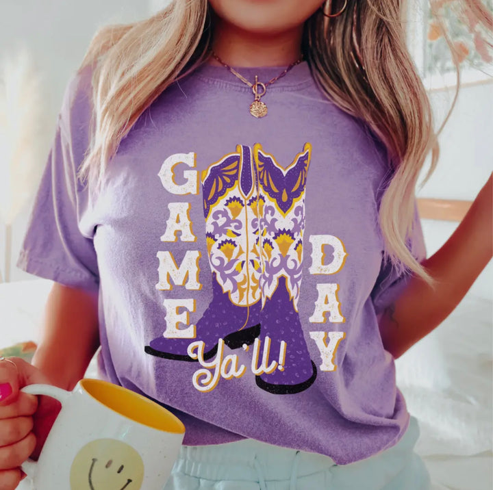 LSU Tigers Boots Game Day Ya'll Tshirt-Graphic Tees-Pink House On River Road-Shop with Bloom West Boutique, Women's Fashion Boutique, Located in Houma, Louisiana
