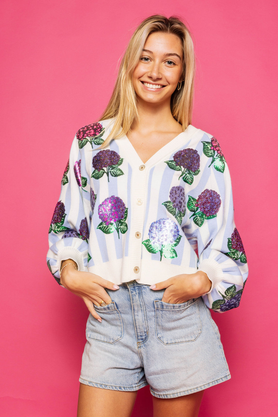 Queen of Sparkles Blue and White Striped Hibiscus Cardigan-QOS Tops-Queen Of Sparkles-Shop with Bloom West Boutique, Women's Fashion Boutique, Located in Houma, Louisiana