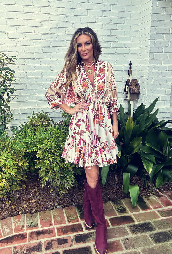 Blithe Dolman Sleeve Border Printed Dress-Mini Dresses-Aakaa-Shop with Bloom West Boutique, Women's Fashion Boutique, Located in Houma, Louisiana