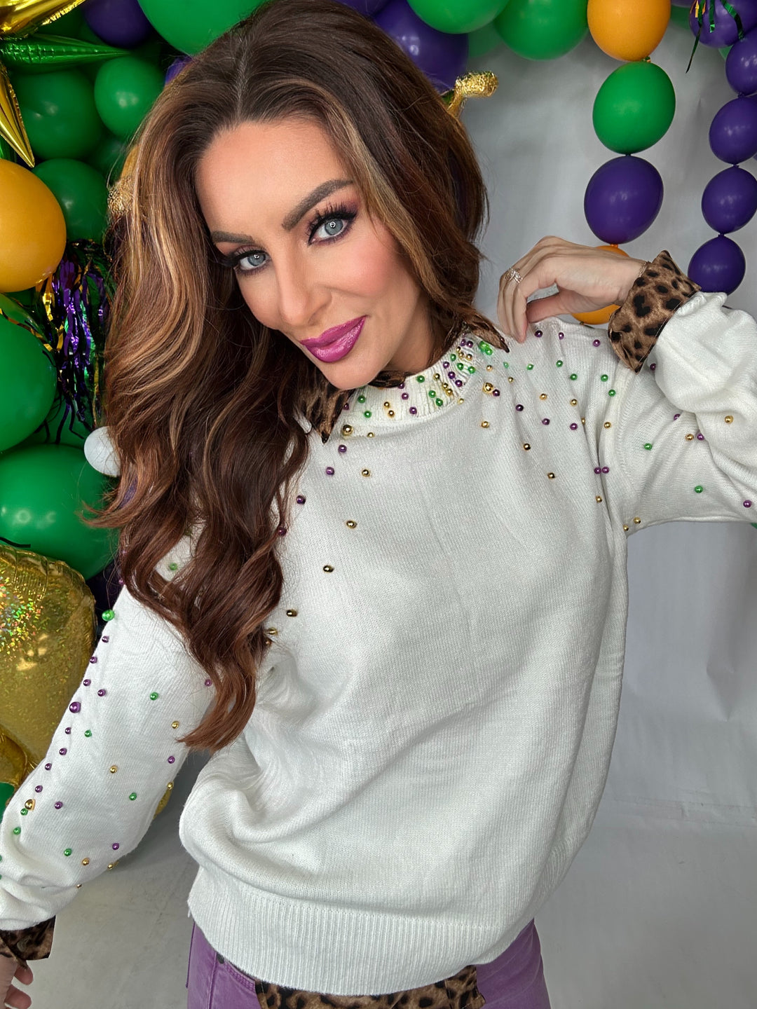 Mardi Gras Pearl Sweater-Tops-SongLily-Shop with Bloom West Boutique, Women's Fashion Boutique, Located in Houma, Louisiana