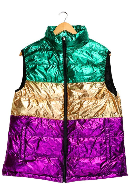 Mardi Gras Color Block Puffer Vest-Jackets-Wona Trading-Shop with Bloom West Boutique, Women's Fashion Boutique, Located in Houma, Louisiana