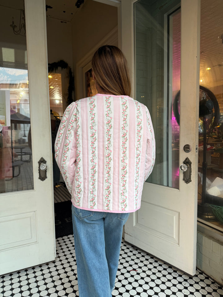 Piper Quilted Floral Stripe Pattern Bow Jacket-Jackets-Faire-Shop with Bloom West Boutique, Women's Fashion Boutique, Located in Houma, Louisiana