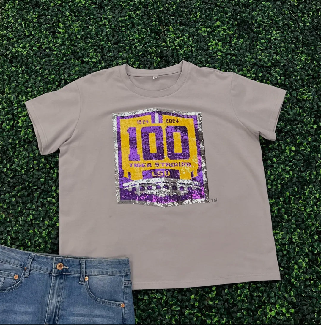 LSU 100 Years Tiger Stadium (Licensed) Sequin Tee-Graphic Tees-Bomb Designs-Shop with Bloom West Boutique, Women's Fashion Boutique, Located in Houma, Louisiana