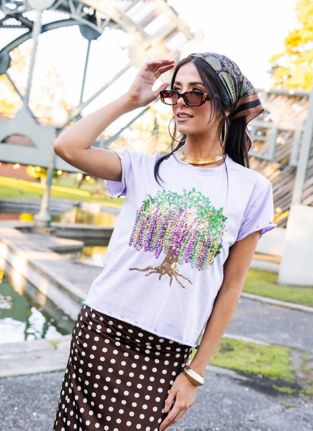 Queen Of Sparkles Lavender Frill Edge Mardi Beads In Tree Tee-QOS Tops-Queen Of Sparkles-Shop with Bloom West Boutique, Women's Fashion Boutique, Located in Houma, Louisiana