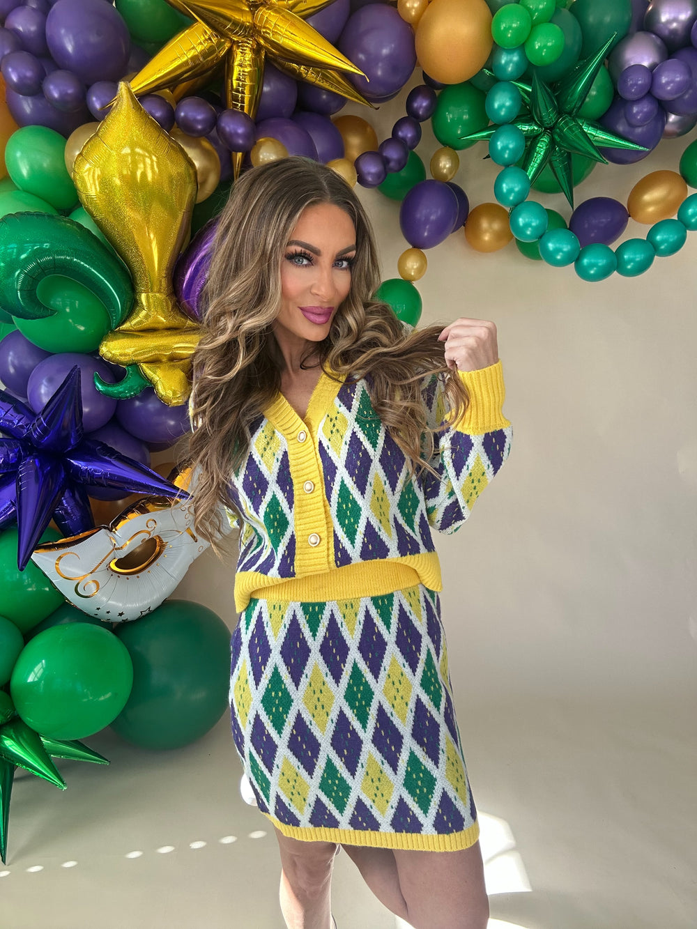 Mardi Gras Diamond Pattern Cardigan and Skirt Set-Cardigans-So Me-Shop with Bloom West Boutique, Women's Fashion Boutique, Located in Houma, Louisiana