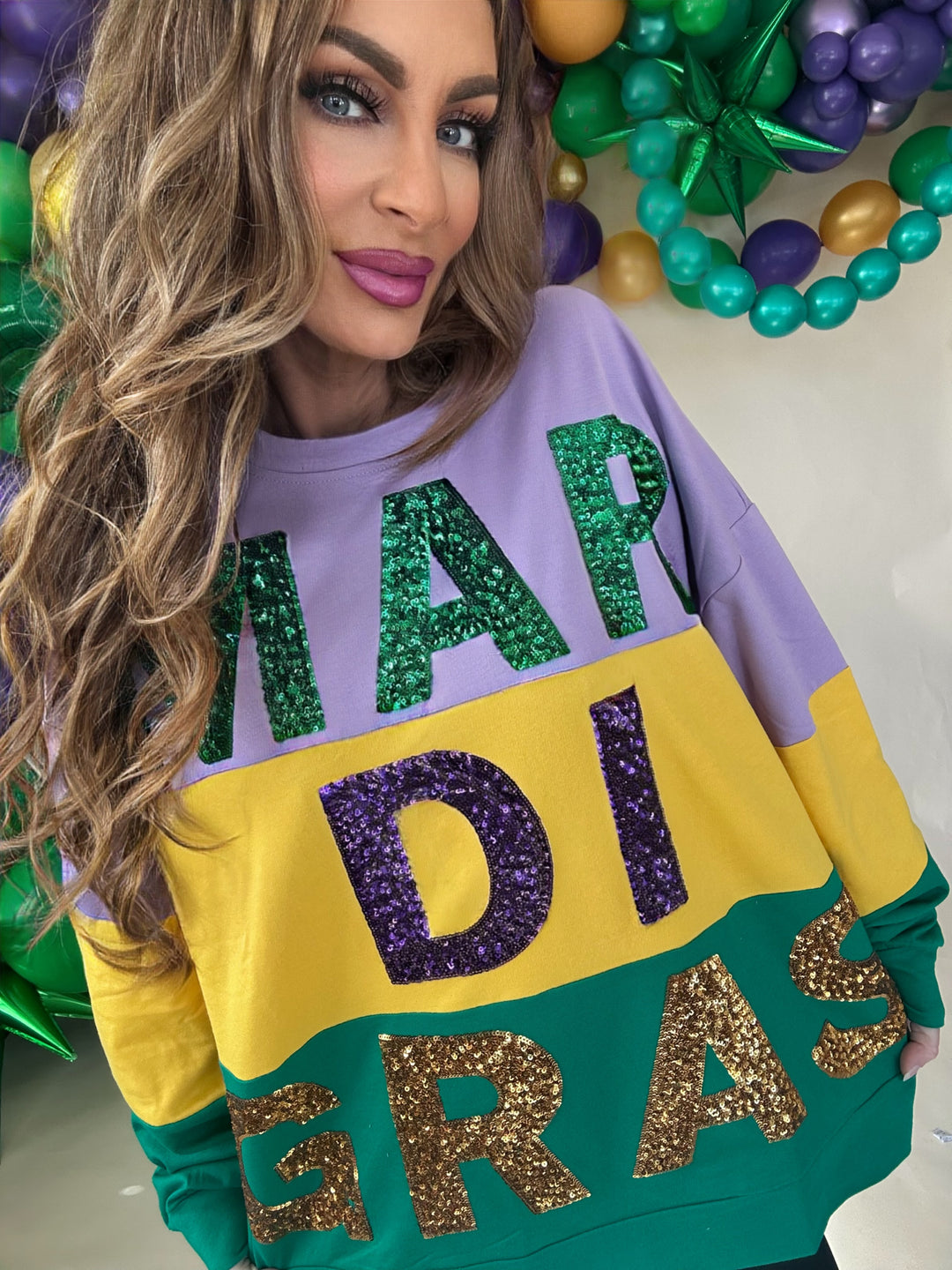 Rex Sequin Mardi Gras Lettering Color Block Sweatshirt-Graphic Sweaters-Bibi-Shop with Bloom West Boutique, Women's Fashion Boutique, Located in Houma, Louisiana