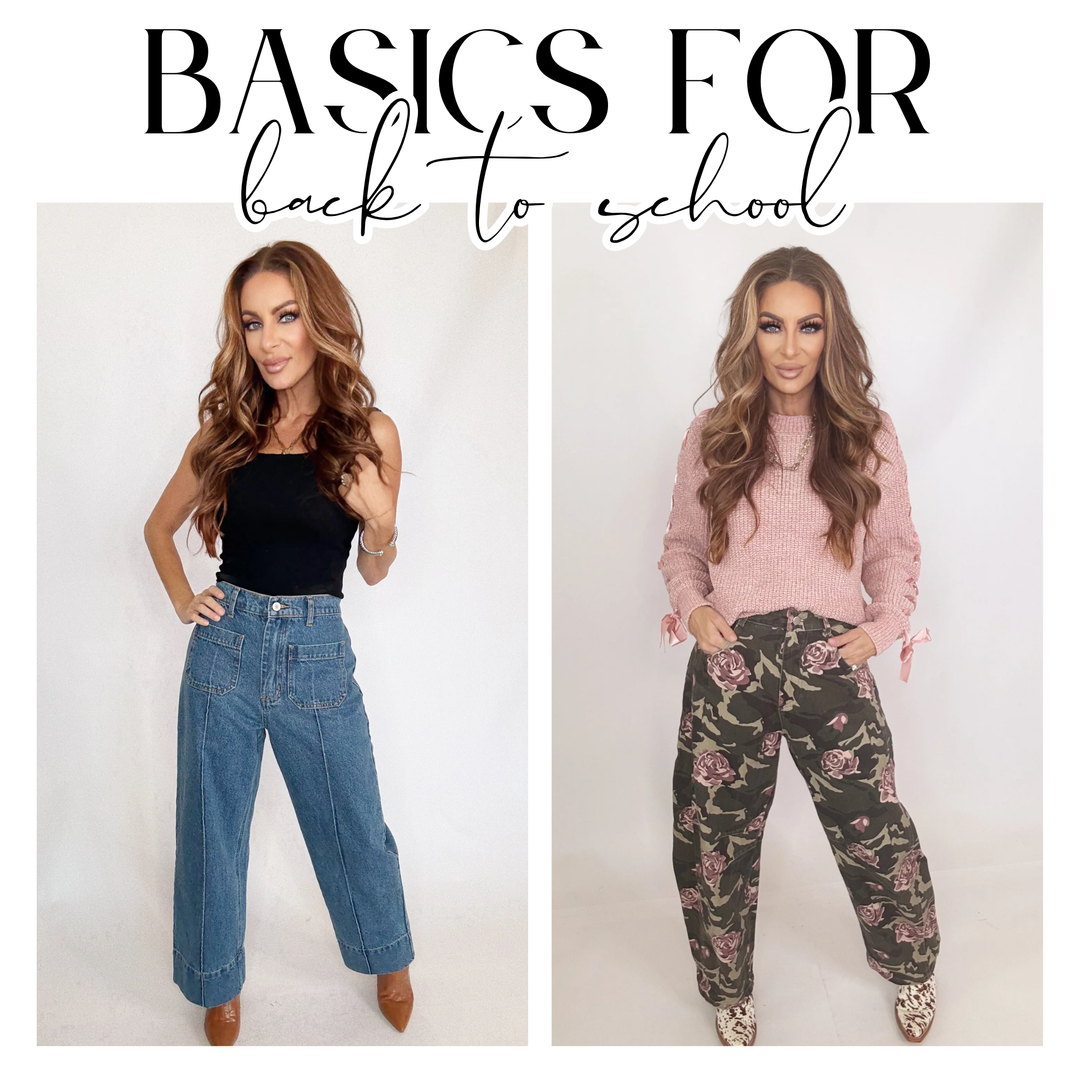 A split-screen graphic with the text 'BASICS FOR back to school' at the top. The left panel shows a woman wearing a black strapless top and wide-leg blue jeans | Bloom West Boutique | Houma, LA
