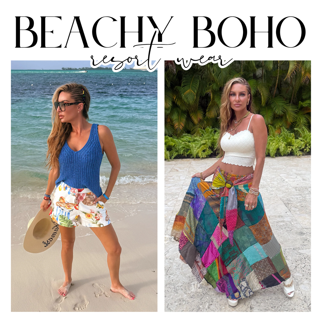 A split-screen collage showcasing women's resort wear. The left panel shows a woman on a sandy beach wearing a blue ribbed tank top, white shorts with a colorful tropical print, and holding a straw hat | Bloom West Boutique | Houma, LA