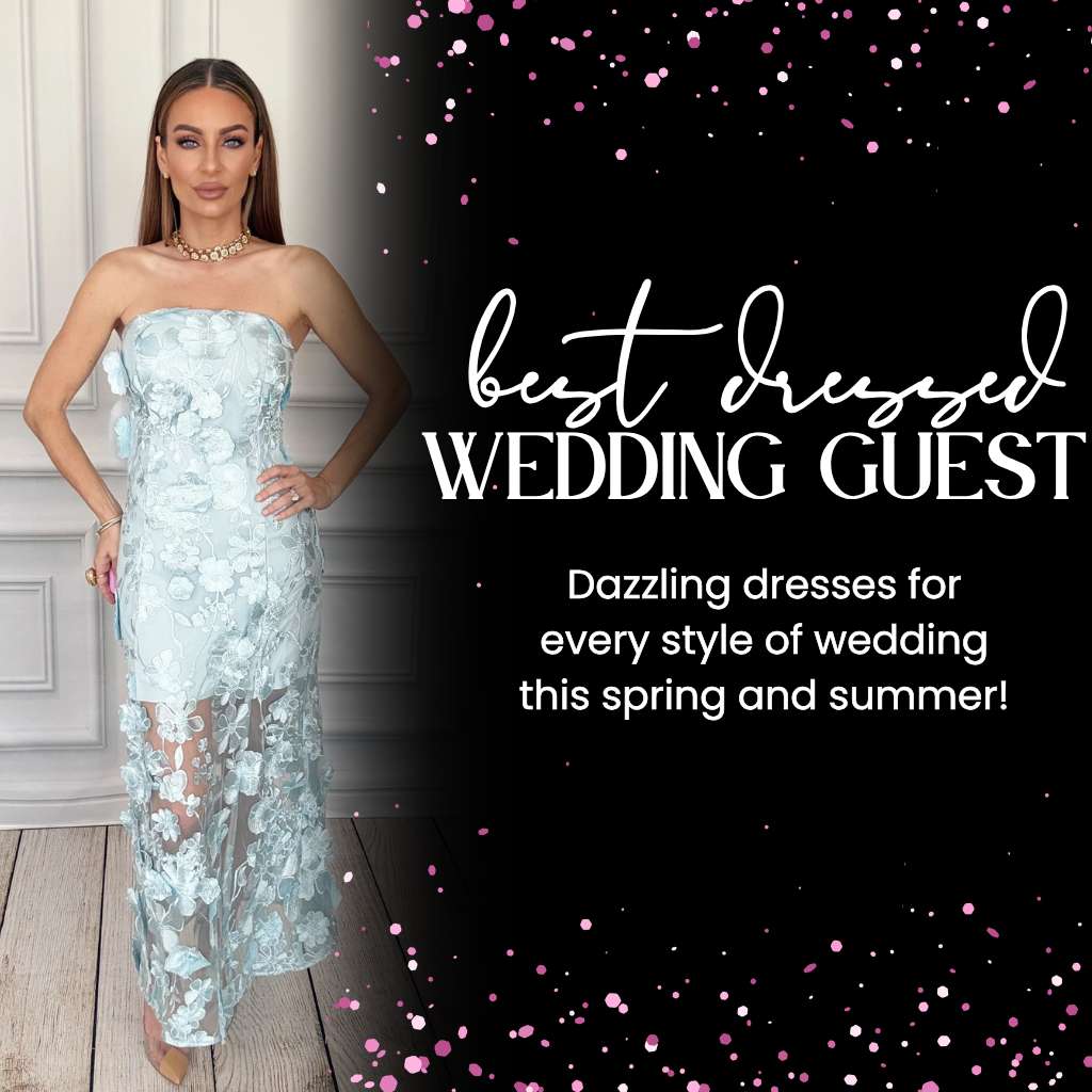 Promotional banner for wedding guest dresses with text on a black background | Bloom West Boutique | Houma, LA