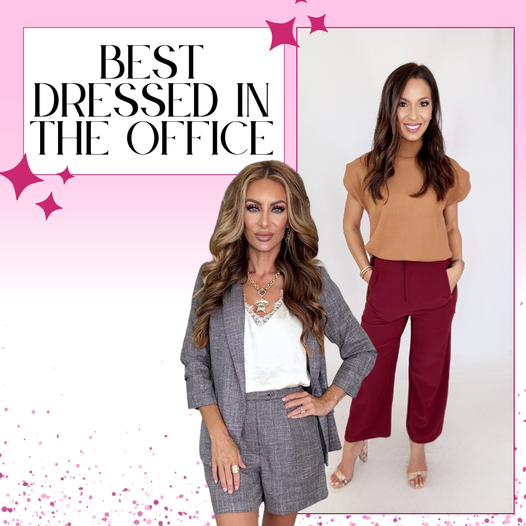 Promotional banner for 'Best Dressed in the Office' with women in professional attire and a high heel shoe | Bloom West Boutique | Houma, LA