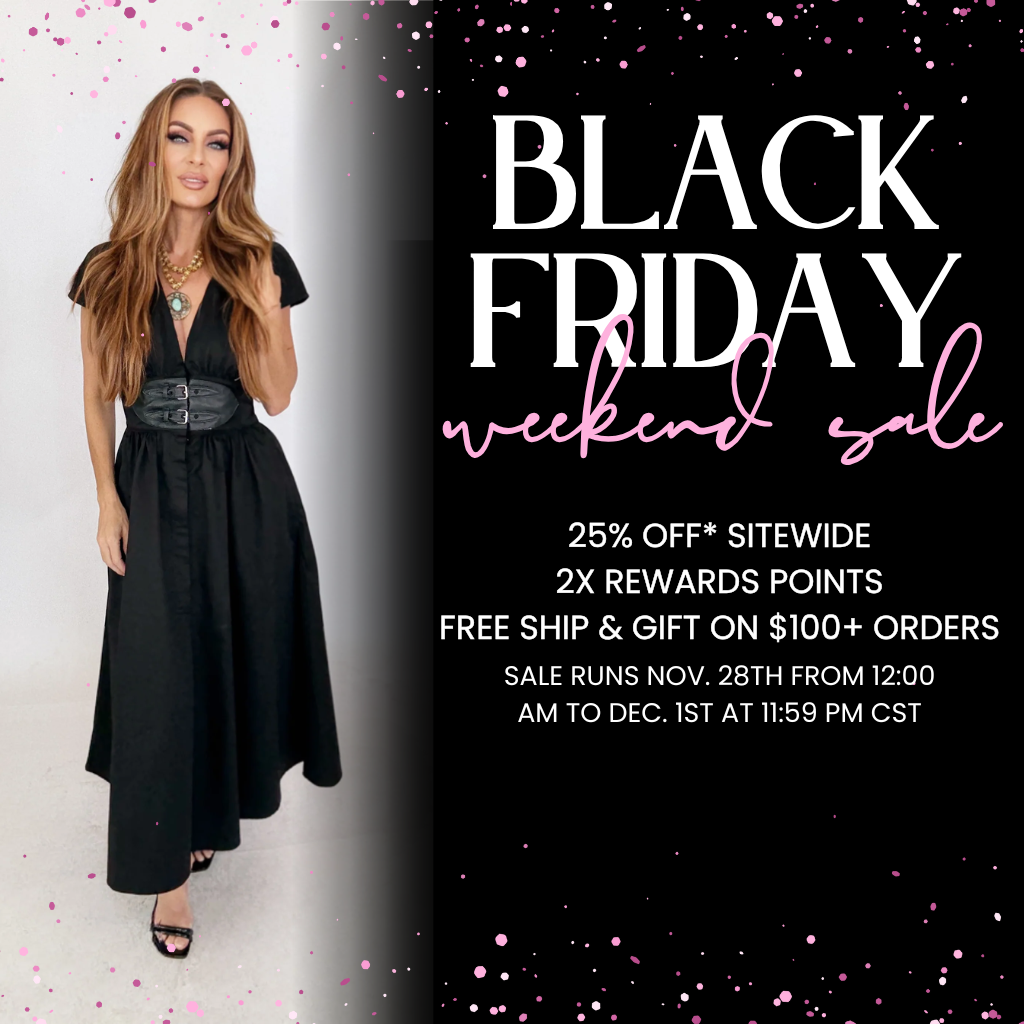 Black Friday sale advertisement with two women in dresses and promotional text. | Black Friday Weekend Sale | Houma, LA