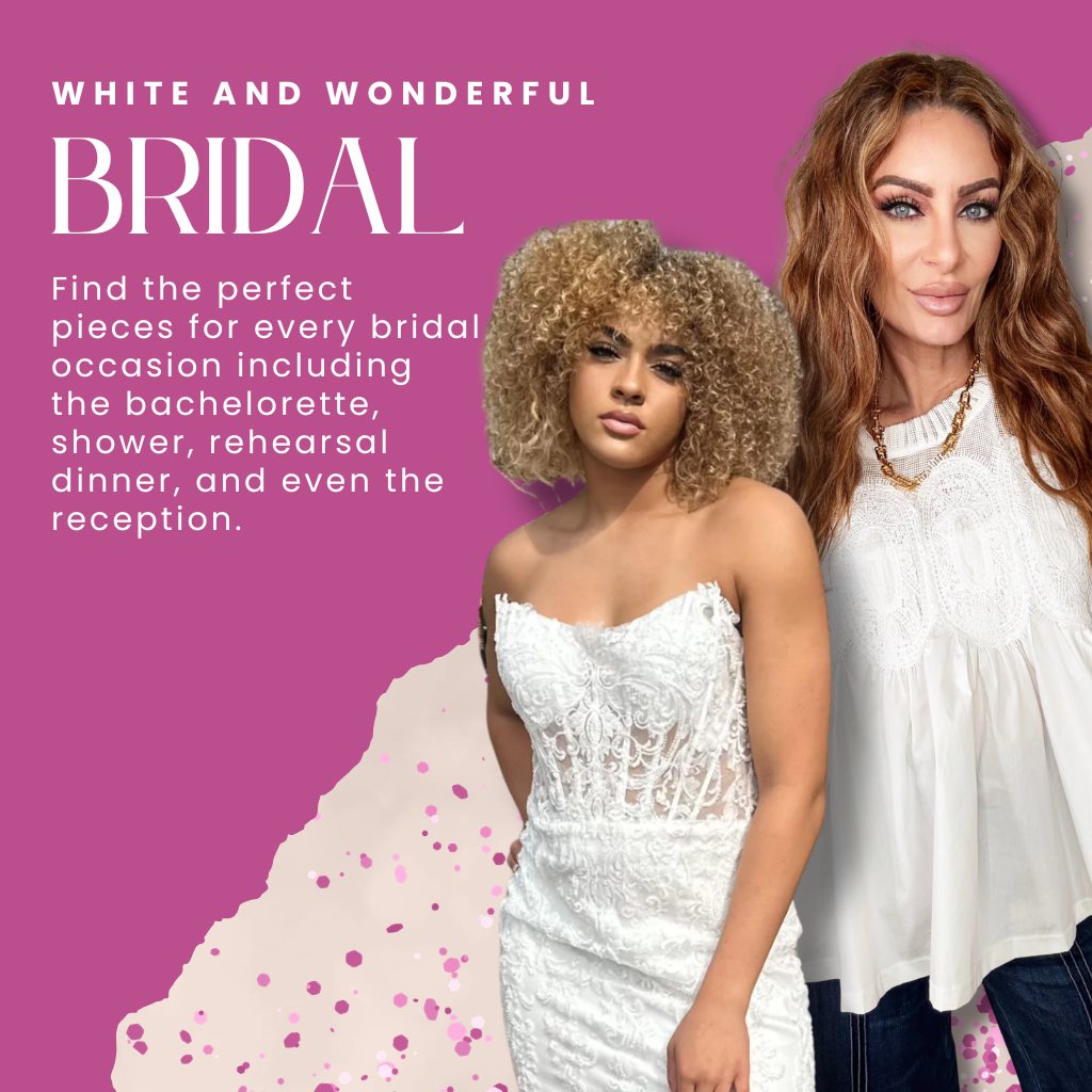 Three women in bridal attire against a pink background with promotional text | Bridal Edit Collection | Bloom West Boutique | Houma, LA